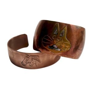 Copper Cuff Bracelets Horses & a Cat with brass & Mosaics 2 pcs,